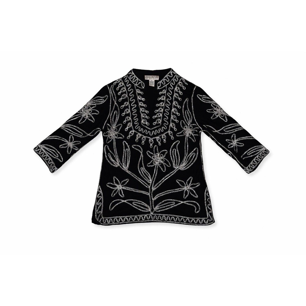 Black Metallic Embroidered Tunic Top Boho Floral Art To Wear Womens Medium Fairy - Picture 2 of 6